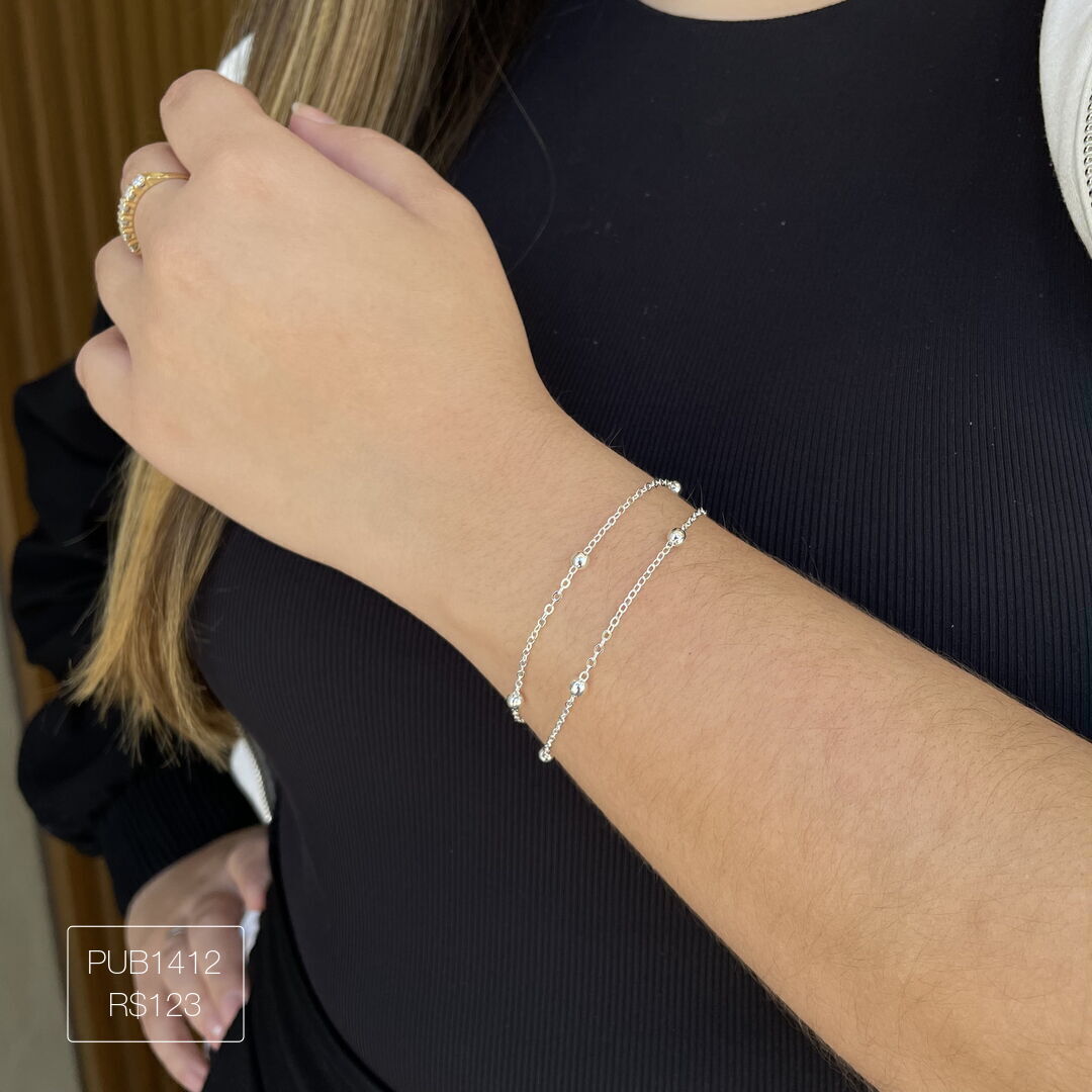 Pulseira Dupla de Bolinhas Cheias Lisa Prateada
